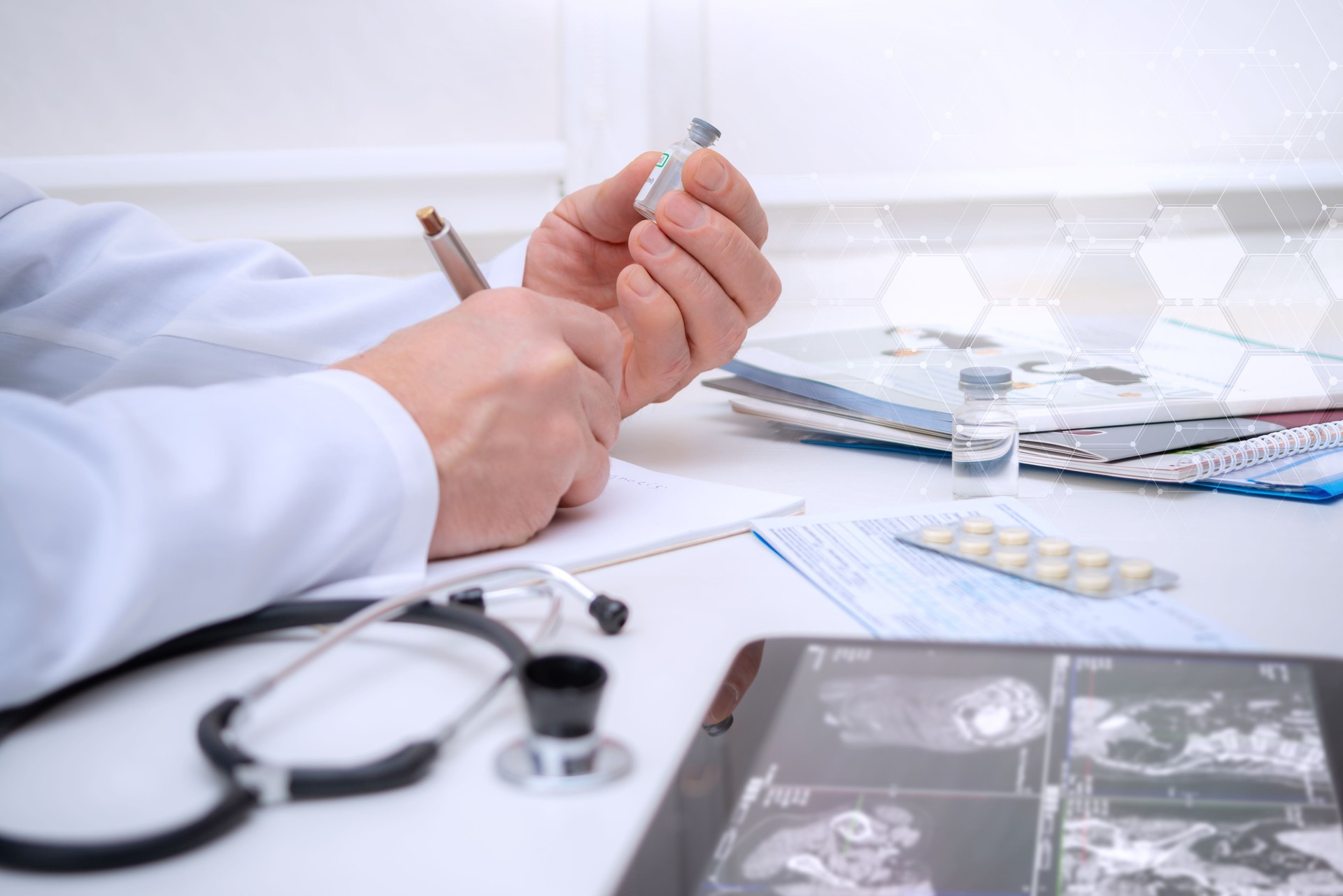 Medical Professional Analyzing Patient Data and Writing Prescriptions in Modern Office